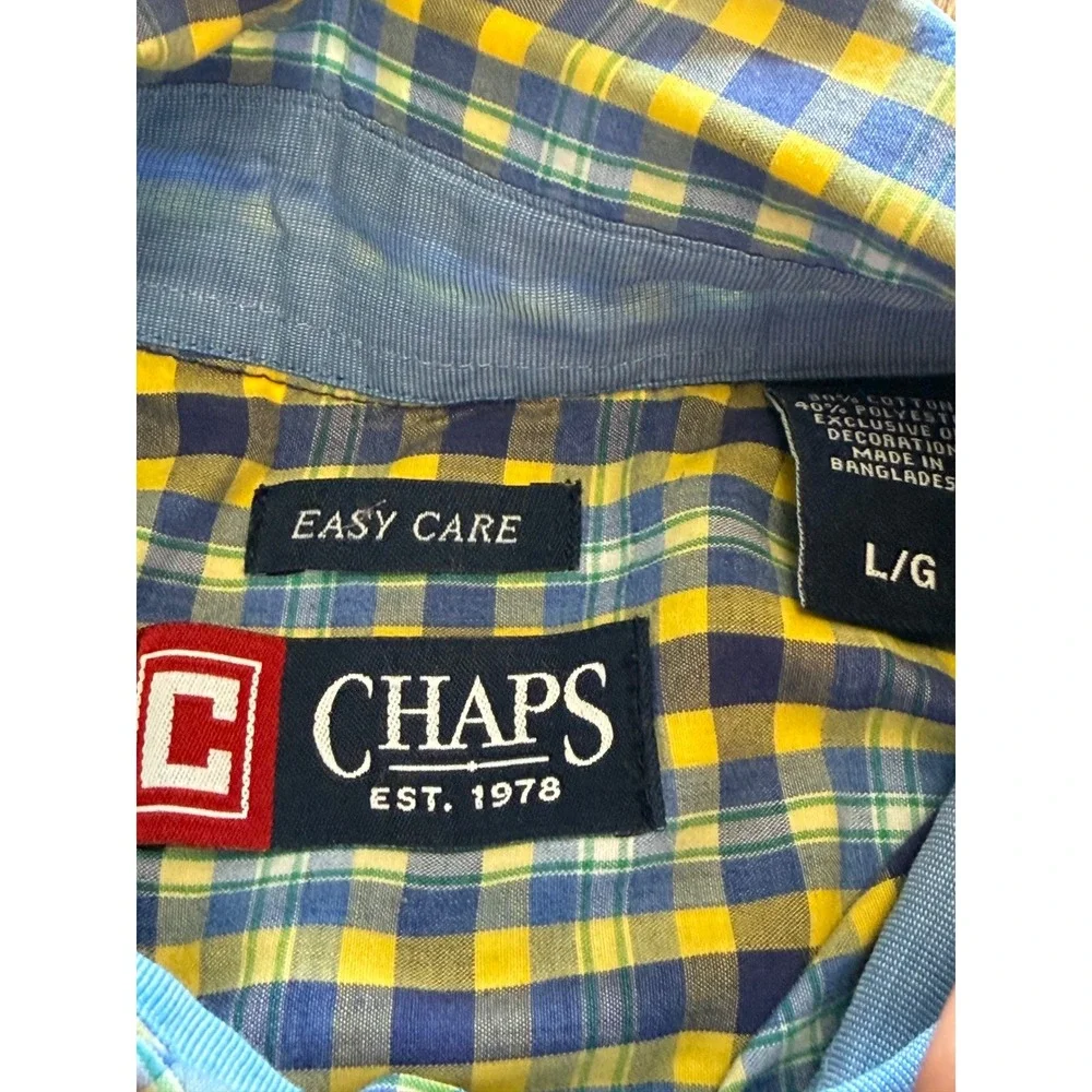 Chaps Mens Easy‎ Care Plaid Button Down Shirt Blue Yellow Long Sleeve Large L
